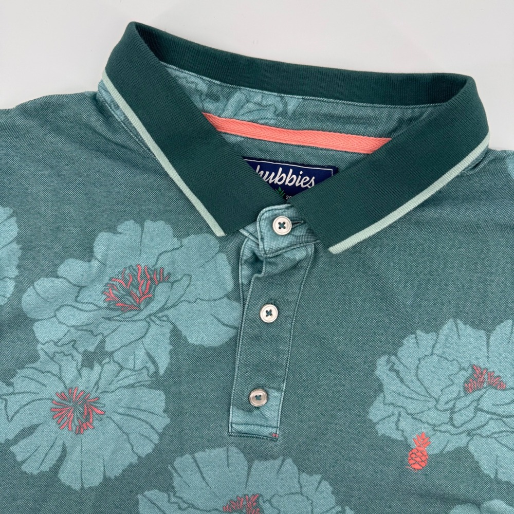 Chubbies Polo Shirt Men XXL Teal Green Floral Short Sleeve Rayon Blend Casual